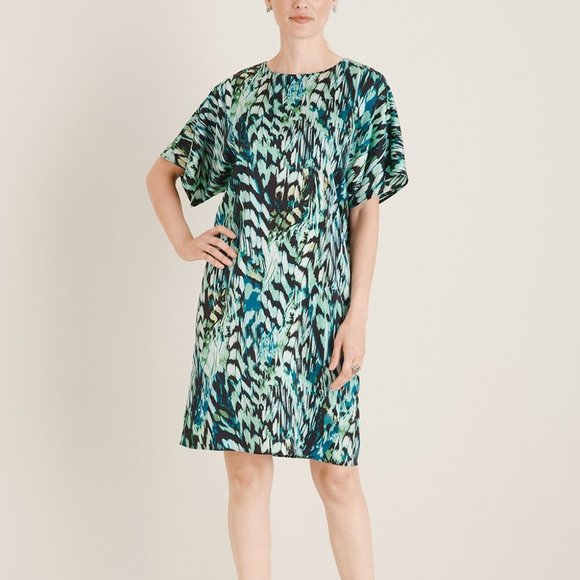 NWT Chico's Feather-Print Satin Shift Dress Size 3 - Picture 1 of 3